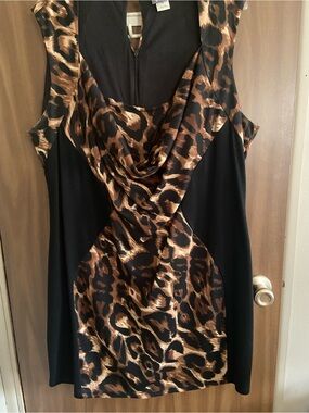 Dots Black & Brown Leopard Print Cowl Neck Mini Dress